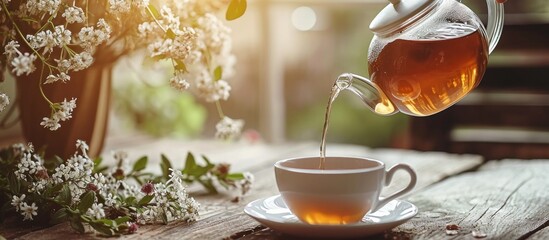 Pouring herbal tea from a teapot into a cup. - obrazy, fototapety, plakaty