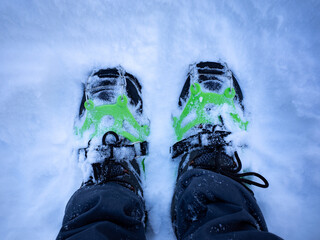 A top-down close-up view of mountaineering crampons on fresh snow - 736505143