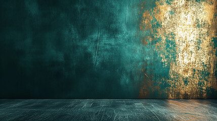 A wall with a metallic gold sheen, set against a deep emerald background, creating a luxurious and modern look. - obrazy, fototapety, plakaty