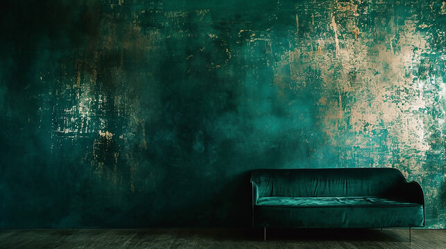 A wall with a metallic gold sheen, set against a deep emerald background, creating a luxurious and modern look.
