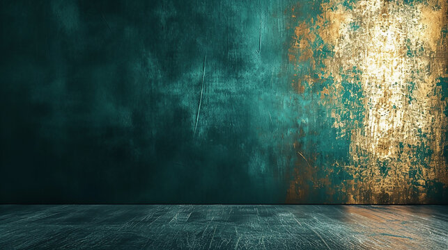 A wall with a metallic gold sheen, set against a deep emerald background, creating a luxurious and modern look.