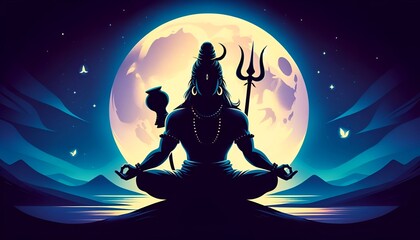 Illustration for maha shivratri of a lord shiva silhouette sitting in a meditative pose. - obrazy, fototapety, plakaty