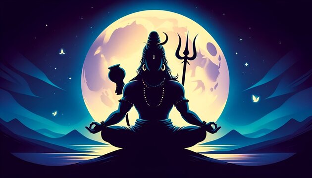 Illustration for maha shivratri of a lord shiva silhouette sitting in a meditative pose.