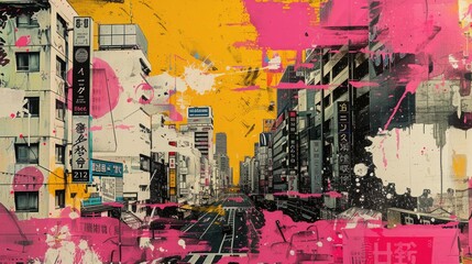 Generative AI, retro grunge pink and yellow collage poster with asian cityscape, different mixed textures 