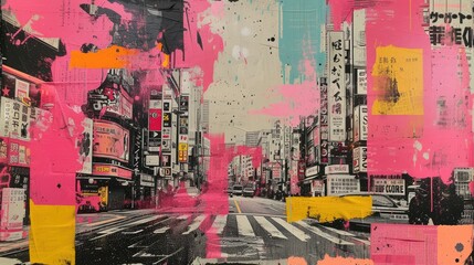 Generative AI, retro grunge pink and yellow collage poster with asian cityscape, different mixed textures  - obrazy, fototapety, plakaty