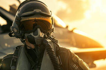 Fighter Pilot in Full Gear with Reflective Helmet Visor Against the Backdrop of a Jet at Sunset