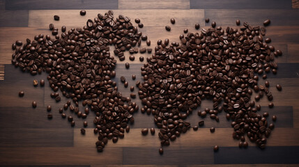Kaffeebohnen in Form der Weltkarte auf einem Holztisch, Globalisierung des Kaffeehandels