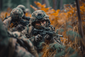 Camouflaged Soldier in Tactical Gear Aiming Rifle in Dense Autumn Foliage