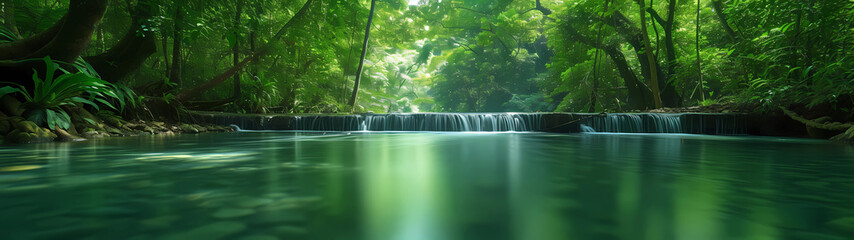 A serene river flows gracefully through a verdant, dense emerald forest, enveloped in tranquil beauty against an expansive ultra-wide backdrop