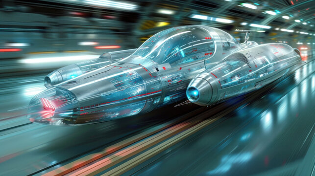 A concept image of a futuristic vehicle traveling at high speed inside a hyperloop tunnel, illustrating advanced transportation technology