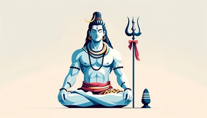 Illustration of lord shiva in a meditative pose with a trident next to him. - obrazy, fototapety, plakaty