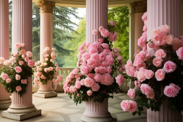 Fototapeta na wymiar Elegant Pink roses column. Pink plant decoration. Generate Ai