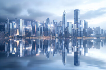 Naklejka premium Futuristic Cityscape Reflection on Water with Modern Skyscrapers at Twilight