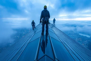 Photo sur Plexiglas Tower Bridge Industrial climbers atop a towering building, equipped with safety gear, against a backdrop of clouds.