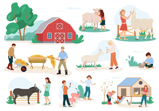 Collection illustrations of children visit contact zoo. Girls and boys feeding domestic animals in the farm. Little kids petting llama, rabbits, piglet and feed the poultry. Flat vector illustration - Powered by Adobe