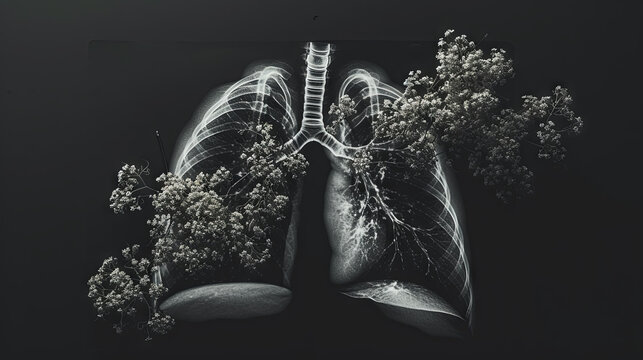 Health examination on x-ray and photo of respiratory organs on a black background