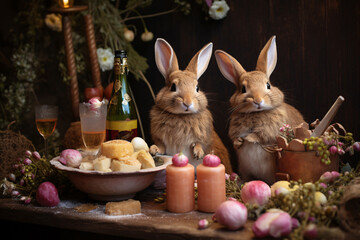 Fototapeta na wymiar Bunnies celebrate the arrival of Easter. Happy Easter.