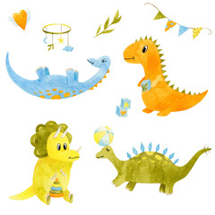 Set of watercolor hand painted cute little Dinosaurs illustration isolated on white. Cartoon childish prehistoric reptile in blue, green, yellow and orange color. For baby kid print and poster.