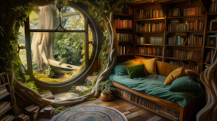 My personal book paradise reading room. A cozy reading nook. Generetiv AI.