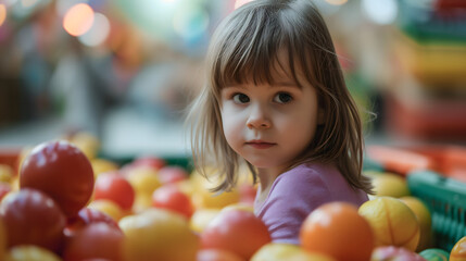 Fototapeta na wymiar Child at Play in Ball Pit with Colorful Balls