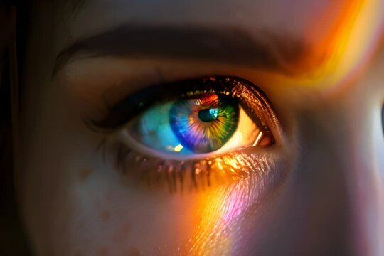 Close-up of a beautiful woman's eye with rainbow light falling on it