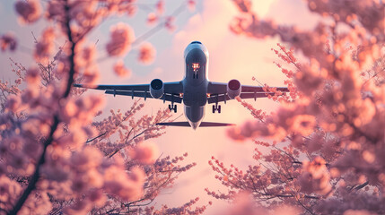 A passenger plane flies over a  cherry blossom tree