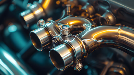Close-up of Chrome Exhaust Manifold in Car Engine - obrazy, fototapety, plakaty