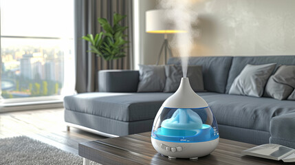 Air humidifier on the table near the sofa in the apartment room