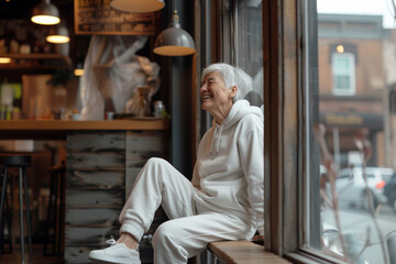 Fototapeta na wymiar Full length photo of an older business woman, still with bright gray admiring eyes and a beautiful face, gray short-cropped hair, laughing, clothes, white sweatpants, sneakers and a hooded sweatshirt