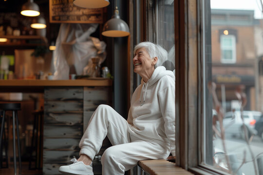 Full length photo of an older business woman, still with bright gray admiring eyes and a beautiful face, gray short-cropped hair, laughing, clothes, white sweatpants, sneakers and a hooded sweatshirt