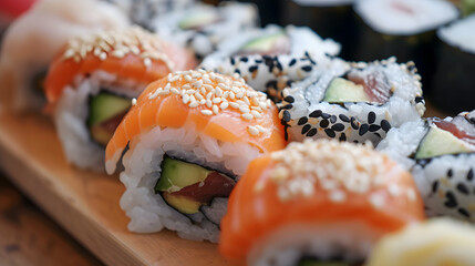 Gourmet Sushi Rolls with Salmon and Roe Close-Up
