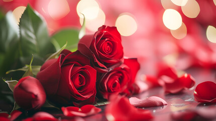 Romantic Red Roses with Petals and Bokeh Background for Valentine's Day and Mother's Day