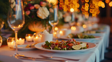 Romantic Wedding Dinner Table Setting with Warm Lights