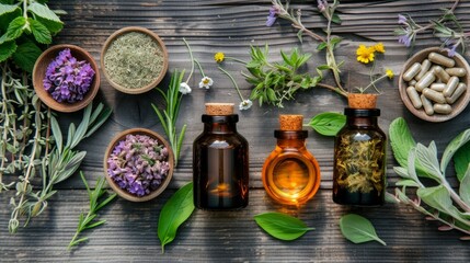 A serene display of various herbs and homeopathic remedies representing alternative and complementary medicine therapies
