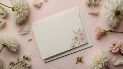 Soft Pink Floral Wedding Invitation Mockup with White Dahlias