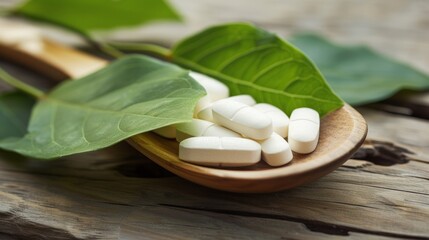 Fototapeta na wymiar Natural alternative medicine tablets resting on a wooden spoon, accompanied by a fresh green leaf