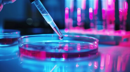 A focused moment in biomedical research with a scientist pipetting a sample into a Petri dish in a laboratory setting - obrazy, fototapety, plakaty