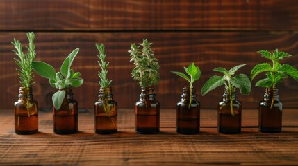 A bottle of aromatic essential oil surrounded by an array of herbs including basil flowers, rosemary, oregano, sage, and parsley