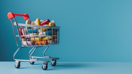 A concept image showcasing a shopping trolley filled with various capsules, tablets, and medicines