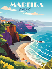 Madeira, Portugal Travel Destination Poster in retro style. Landscape print with rocks and sea beach in sunny day. European summer vacation, holidays concept. Vintage vector colorful illustration.