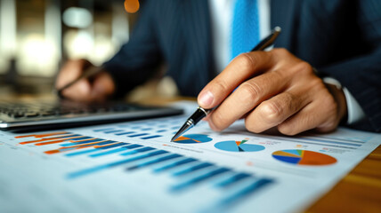Executive man hands closeup with a calculator making a returns graph and statistic. Market data analysis and reporting. Ai generated