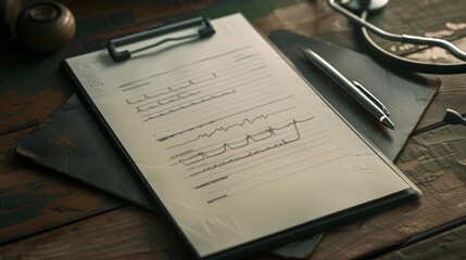 A professional setup featuring a clipboard, pen, and medical stethoscope, symbolizing medical documentation and care