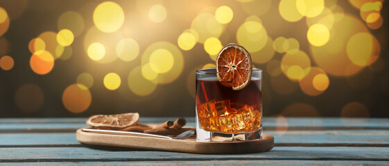 Glass of cold Old Fashioned Cocktail on wooden table in bar