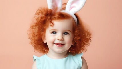 little happy girl with red hair in a bunny costume on a background of peach fuzz, portrait of a child wearing bunny ears for Easter, Happy Easter concept