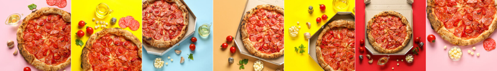Collage with tasty pepperoni pizzas on color background, top view