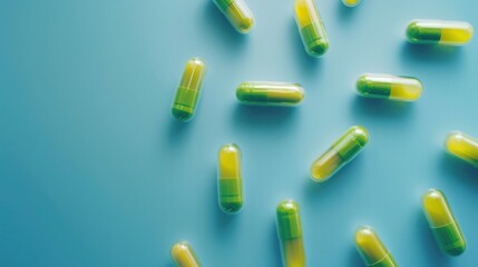 An image featuring green and yellow medicine pills or capsules neatly arranged on a blue background