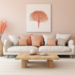 Minimal living room with wooden coffee table near sofa close-up. Interior in trendy peach colors