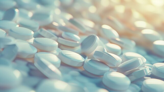 A thematic composition centered around pharmacy, featuring a heap of white round antibiotic medicine tablets, symbolizing both healthcare and medical treatment