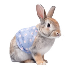 Cute Easter bunny, baby rabbit isolated on white, cut out background, dressed in blue, close up