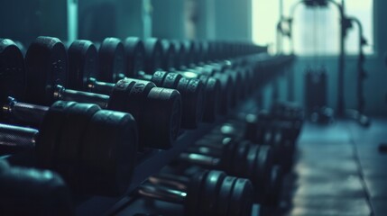 Neat rows of various dumbbells lined up in the gym, showcasing an array of weights and sizes ready for a rigorous workout session